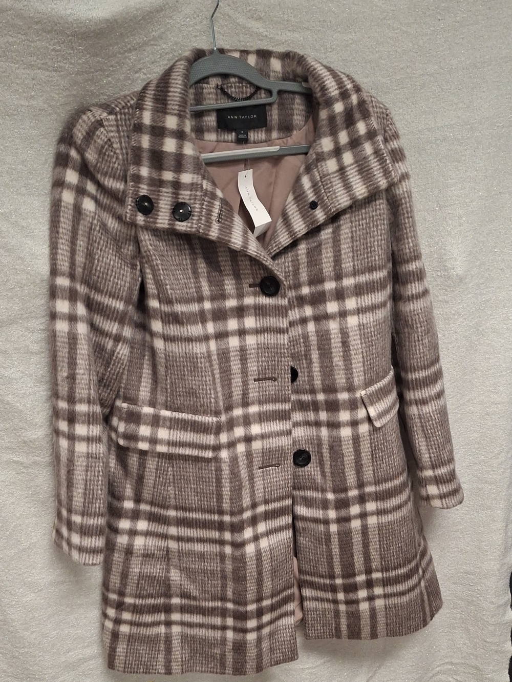 Ann Taylor Taupe and Cream Plaid Pea Coat - Size M